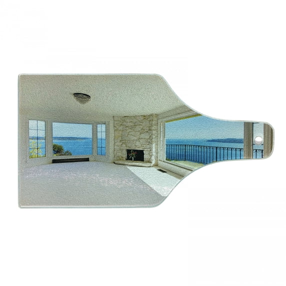 Modern Cutting Board, Modern Hollywood Star Houses Inspired Design with Ocean Nature Forest View Art, Tempered Glass Cutting and Serving Board, Wine Bottle Shape, White and Blue, by Ambesonne