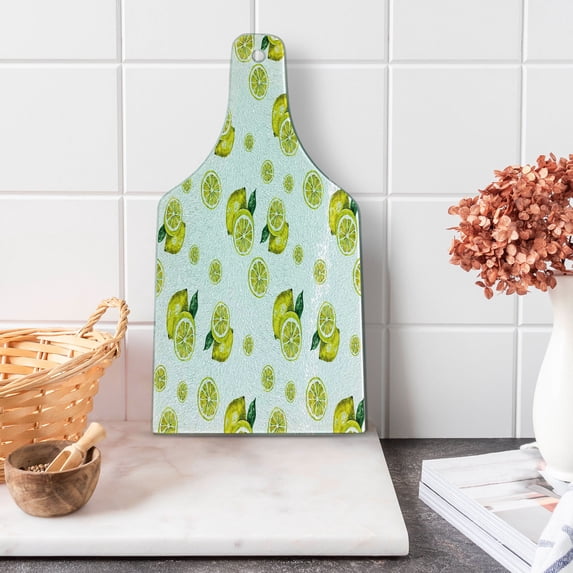 Modern Cutting Board, Lemon with Slices and Leaves Summer Season Fresh Fruit Watercolor, Decorative Tempered Glass Cutting and Serving Board, Wine Bottle Shape, Yellow Hunter Green, by Ambesonne