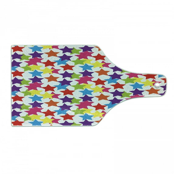 Modern Cutting Board, Little Rainbow Colored Funky Stars Boys Girls Theme Print, Decorative Tempered Glass Cutting and Serving Board, Wine Bottle Shape, Multicolor, by Ambesonne