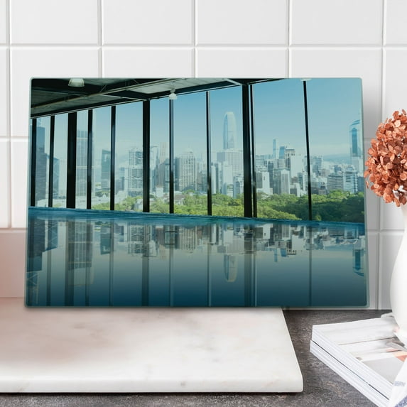Modern Cutting Board, Metropolitan Cityscape of New York Usa in Central Park Forest Photograph, Decorative Tempered Glass Cutting and Serving Board, Large Size, Sky Blue and Green, by Ambesonne