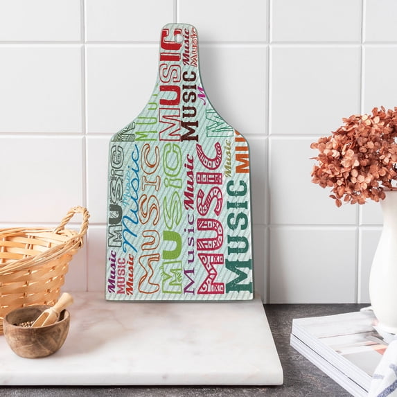 Modern Cutting Board, Music Typography in Various Styles Rhythm Acoustic Harmony Melody Funky Illustration, Tempered Glass Cutting and Serving Board, Wine Bottle Shape, Multicolor, by Ambesonne