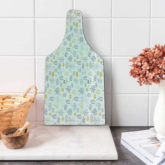 Modern Cutting Board, Nature Wild Forest Leaves Flowers Trees Buds Sketchy Contemporary Art Print, Tempered Glass Cutting and Serving Board, Wine Bottle Shape, Grey Mustard White, by Ambesonne