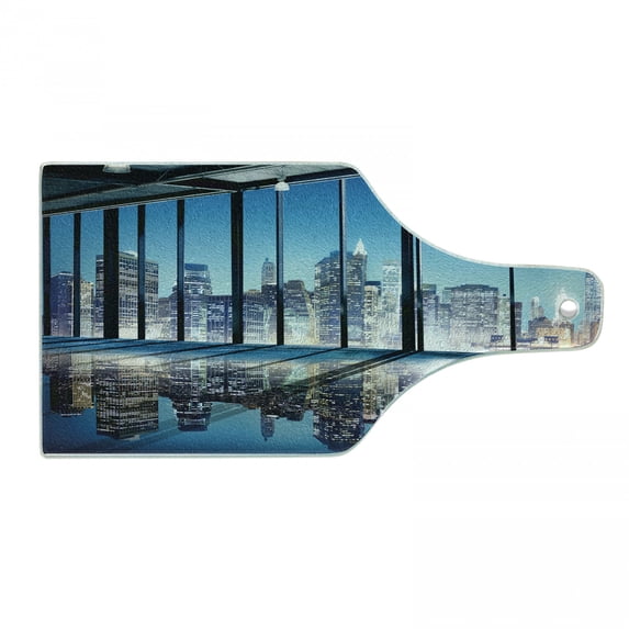 Modern Cutting Board, Office Cityscape Buildings with Glassy Interior Room Image Photograph, Decorative Tempered Glass Cutting and Serving Board, Wine Bottle Shape, Blue Black and White, by Ambesonne