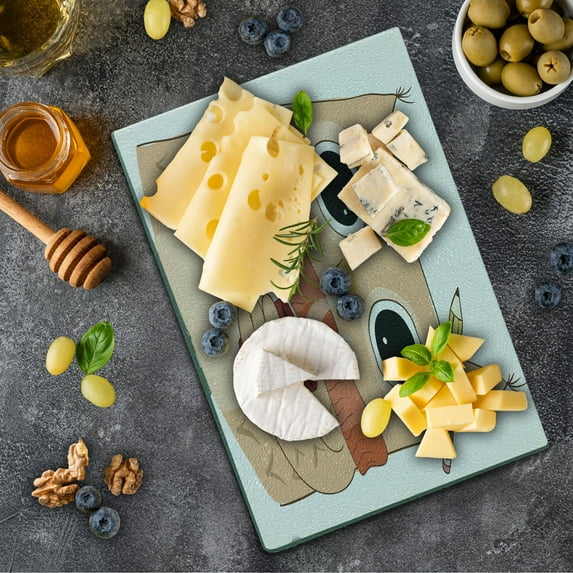 Modern Cutting Board, Owl with a Cup of Coffee and Scarf Student Midterms Humor Illustration, Decorative Tempered Glass Cutting and Serving Board, Small Size, Cinnamon Sand Brown, by Ambesonne