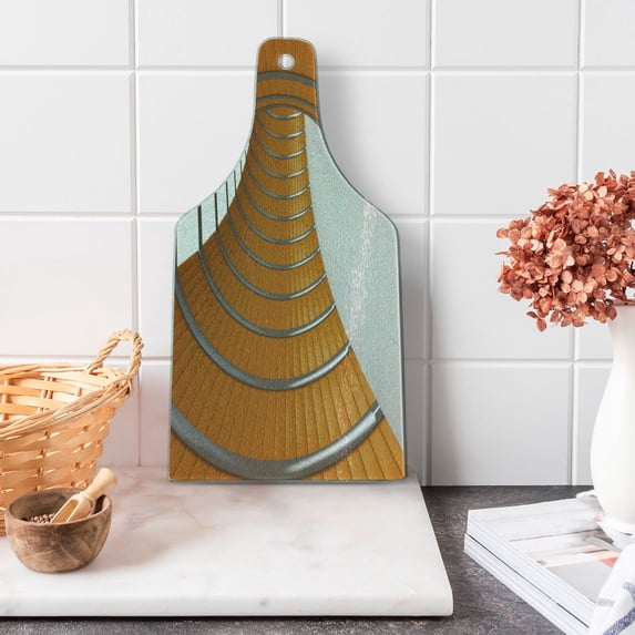 Modern Cutting Board, Pattern of Modern Long Corridor Contemporary Geometric Structure Tunnel Picture, Tempered Glass Cutting and Serving Board, Wine Bottle Shape, Orange Grey, by Ambesonne