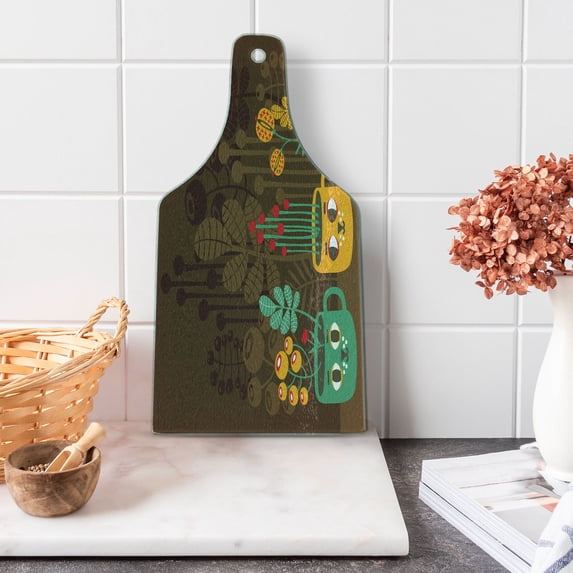 Modern Cutting Board, Plants Flowers Inside Faced Cups Pottery Theme Creative Funky Print, Decorative Tempered Glass Cutting and Serving Board, Wine Bottle Shape, Multicolor, by Ambesonne