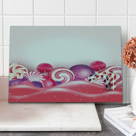 Modern Cutting Board, Rainbow-Swirl Lollipop Candy Yummy Design, Decorative Tempered Glass Cutting and Serving Board, Large Size, Dark Coral Pale Pink, by Ambesonne