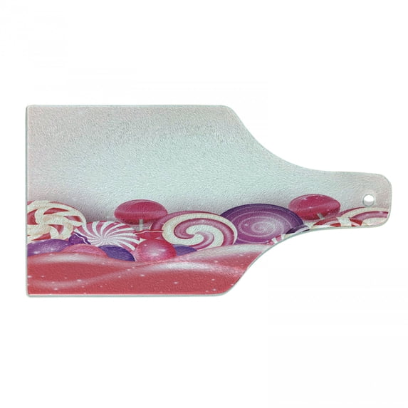 Modern Cutting Board, Rainbow-Swirl Lollipop Candy Yummy Design, Decorative Tempered Glass Cutting and Serving Board, Wine Bottle Shape, Dark Coral Pale Pink, by Ambesonne