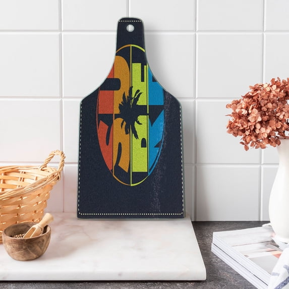 Modern Cutting Board, Surf Typography in Rainbow Colors Featured with Palm Tree Silhouette Illustration, Tempered Glass Cutting and Serving Board, Wine Bottle Shape, Multicolor, by Ambesonne