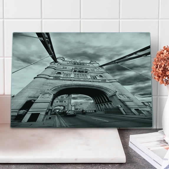 Modern Cutting Board, Tower Bridge London England Urban Street Traffic European Historical Picture, Decorative Tempered Glass Cutting and Serving Board, Large Size, Black and White, by Ambesonne
