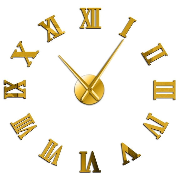 Modern DIY Large Wall Clock 3D Mirror Surface Sticker Home Decor Art Giant Wall Clock Watch With Roman Numerals Clock(Gold,27inch)