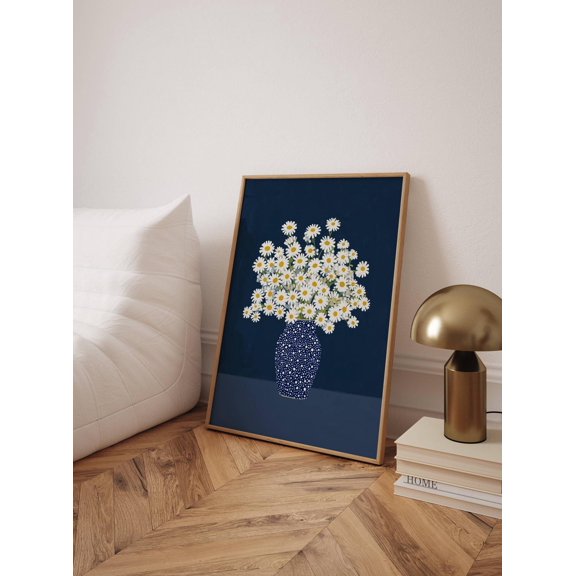 Modern Daisy Navy Botanical Print, Unframed Paper Poster 16x20in