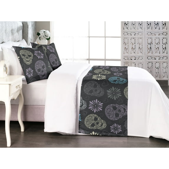 Modern Damask Bed Runner Set, Contemporary Style Skull Pattern With Floral Ornaments Print, Decorative Bedding Scarf & 2 Pillow Shams for Hotels Homes, King, Charcoal Grey Pale Lilac, by Ambesonne