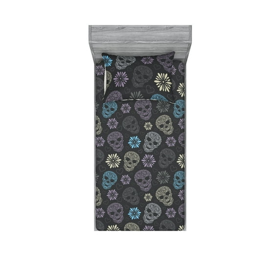 Modern Damask Fitted Sheet & Pillow Sham Set, Contemporary Style Skull Pattern With Floral Ornaments Print, Decorative Printed 2 Piece Bedding Decor, Twinxl, Charcoal Grey Pale Lilac, by Ambesonne