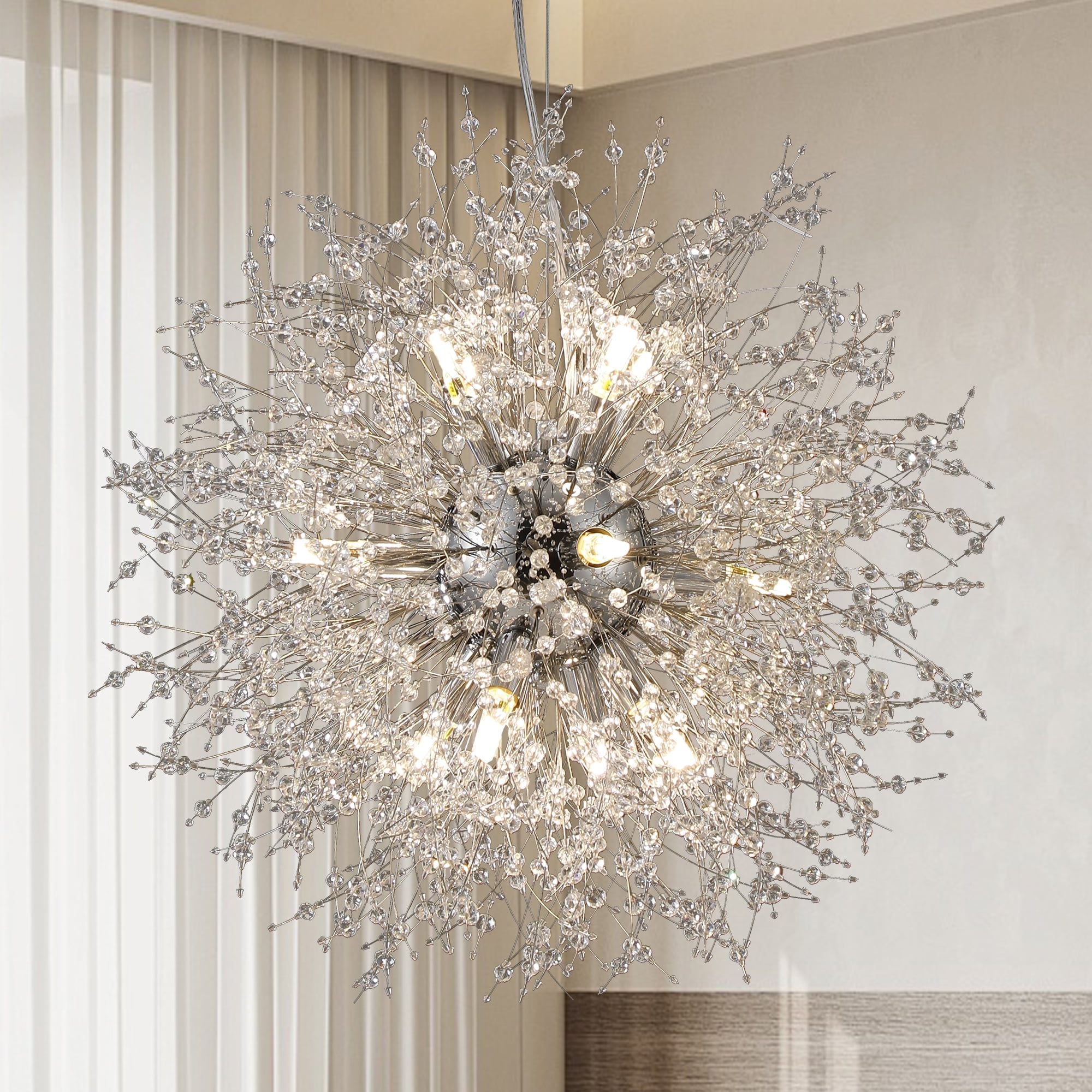 Modern Dandelion Chandeliers 12Lights, Round Chrome Crystal Pendant