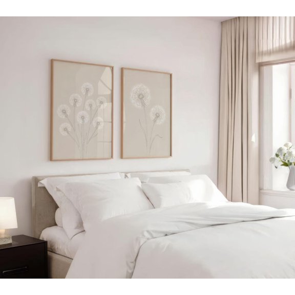 Modern Dandelion Prints Set Beige and White Drawing Poster Set 2