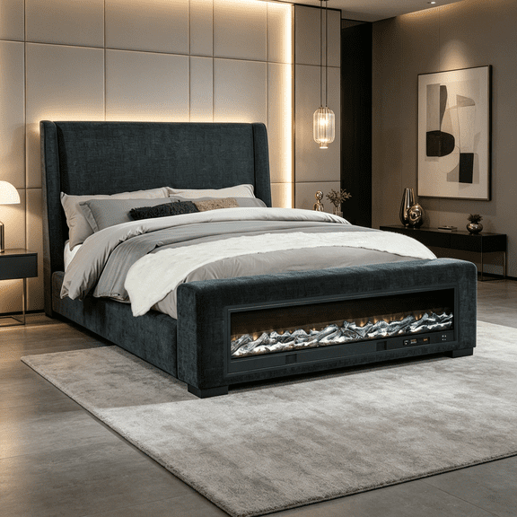 Modern Dark Blue Upholstered Queen Bed with LED Flame Visualizer & Bluetooth Speaker