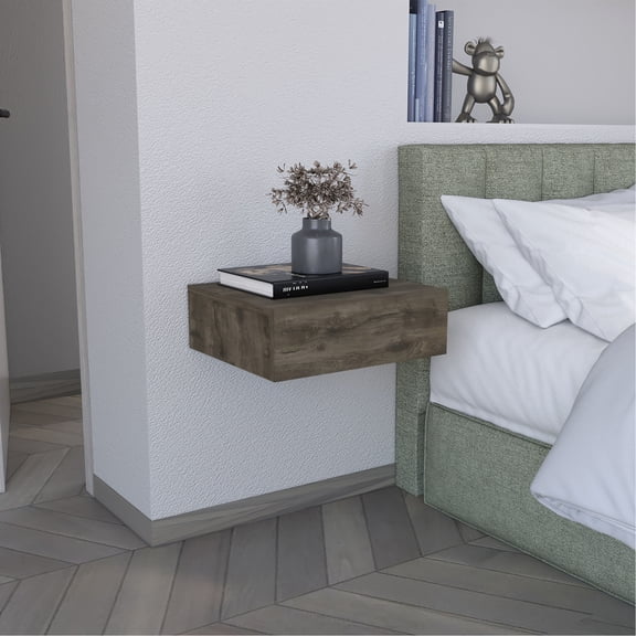 Modern Dark Brown Bedside Stand With Drawer And Streamlined Appearance Floating Table Generous Storage Stylish Look