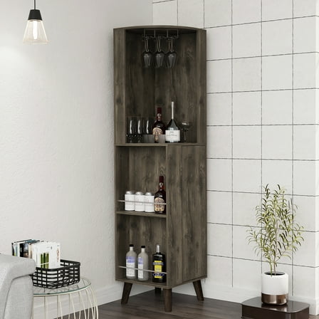 Modern Dark Brown Corner Bar Unit - Cup Rack And Shelf Flair Cabinet In Finish