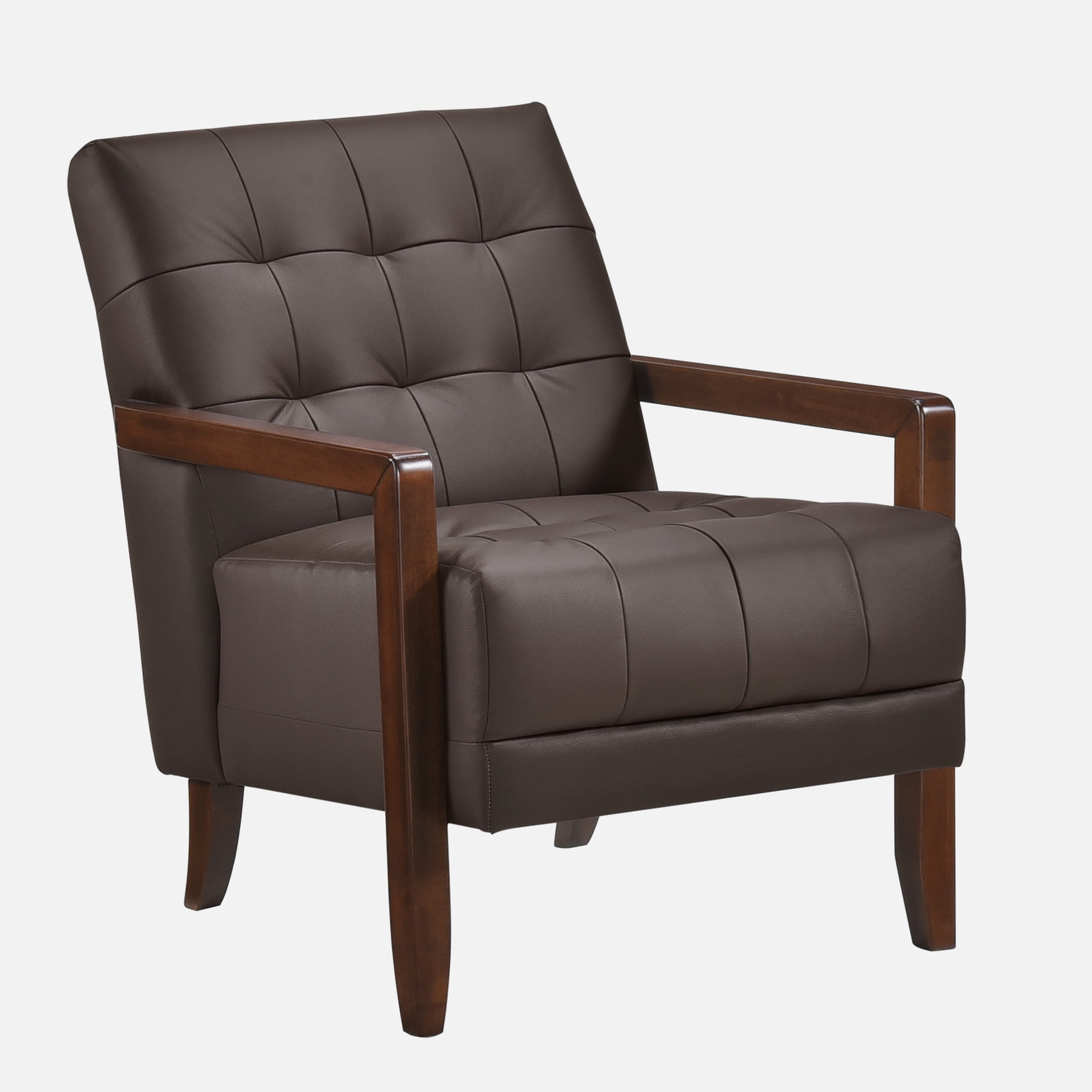 Modern Dark Brown Leather Armchair With Plywood Construction Accent Chair Detail And Walnut Finish