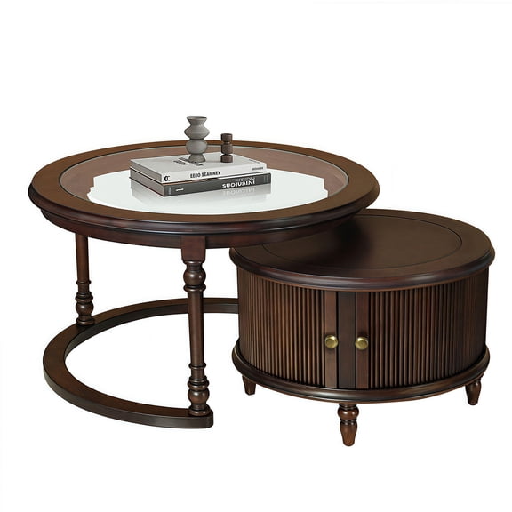 Modern Dark Brown Nesting Coffee Table Set with Tempered Glass and Solid Wood Frame - 31.5"x31.5" Living Room Furniture for Space-Saving Design