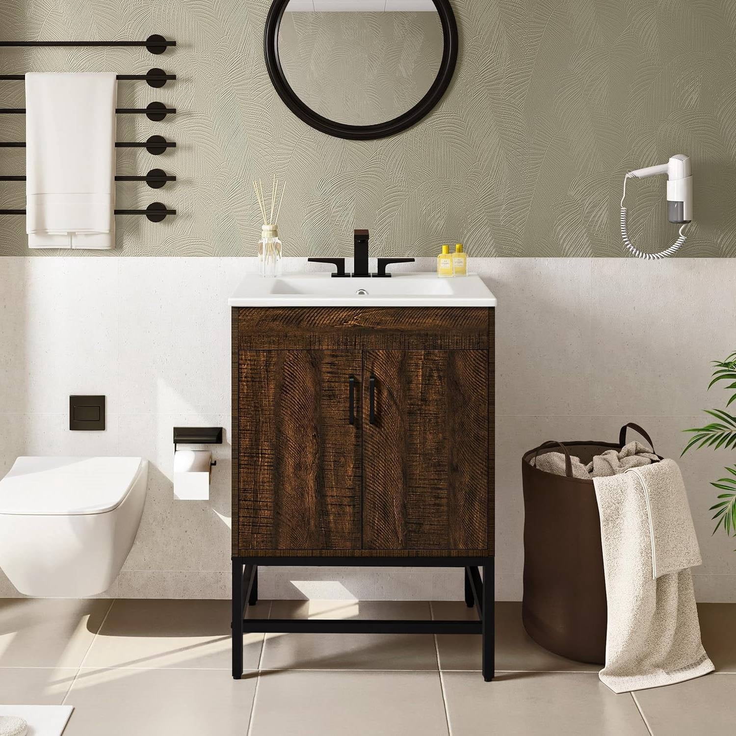 Modern Dark Brown Wood Bathroom Vanity with White Ceramic Sink - Walmart.com