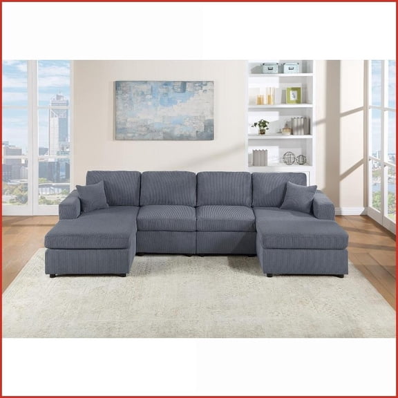 Modern Dark Gray 2pc Corduroy Sectional Sofa – 120” U-Shaped with Pillows for Living Room | Dark Gray | Corduroy | Square Arms