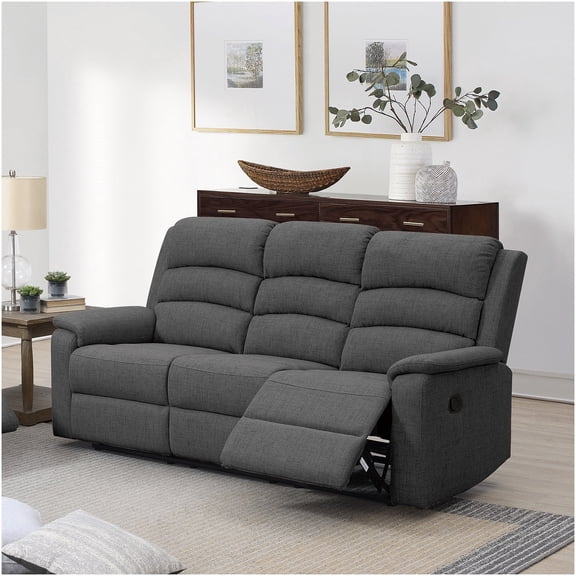 Modern Dark Gray Burlap Fabric Recliner Sofa, 3-Seater Manual Motion Reclining Couch with Plush Padding for Living Room