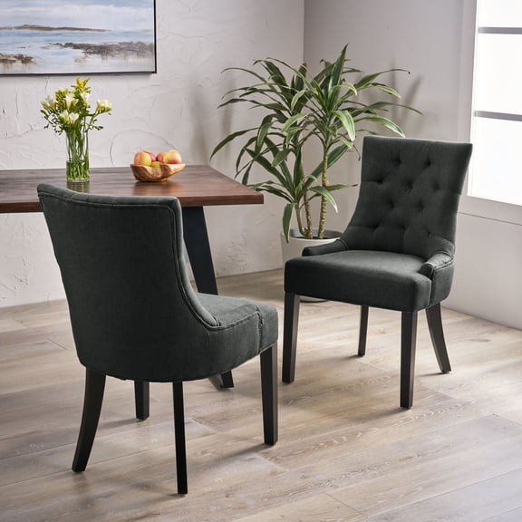 Modern Dark Gray Dining Chair Pair - Upholstered, Buttonless Tuft Diamond Stitch , Tapered Legs, Assembly Required In