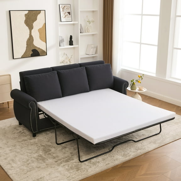 Modern Dark Gray Linen Sleeper Sofa Bed with Pull-Out Queen Mattress, 81.5" 3-Seater Convertible Couch for Living Room, Apartment, Studio Furniture