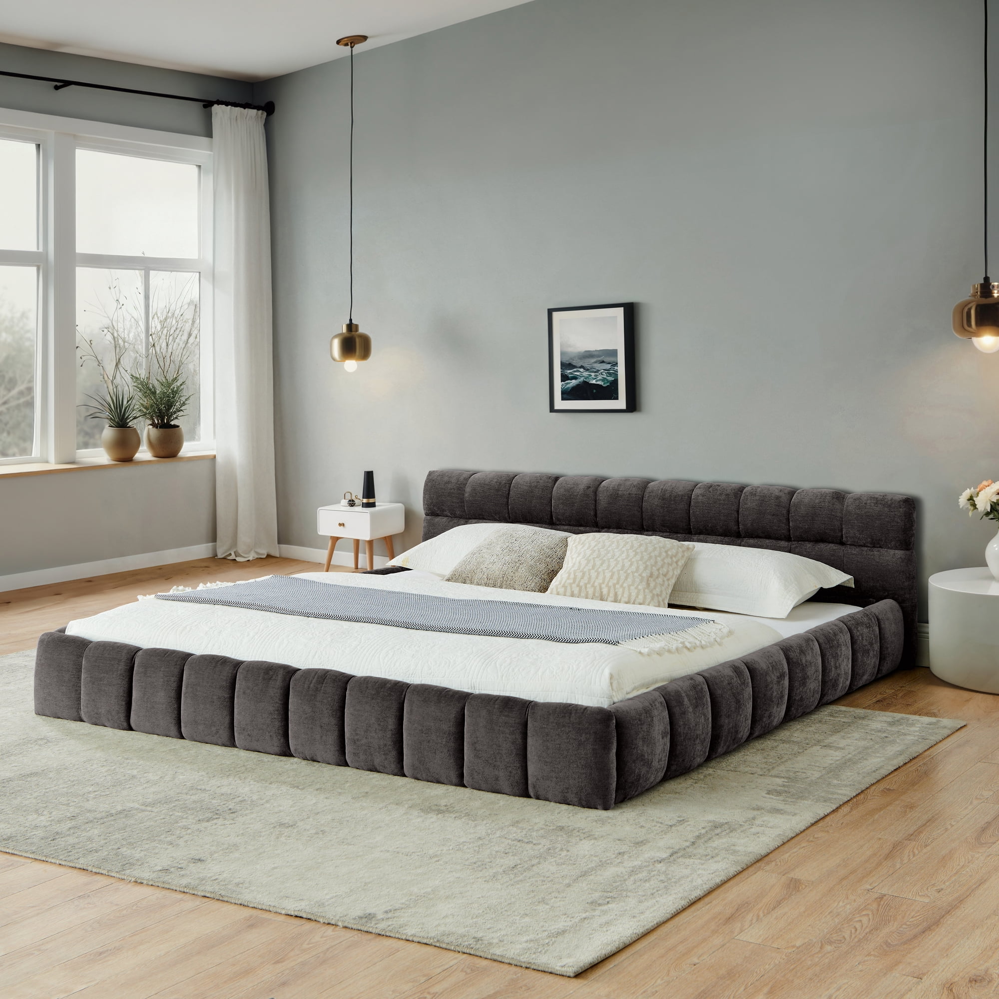 Modern Dark Gray Wood Frame California King Chenille Upholstered Platform Bed with Headboard