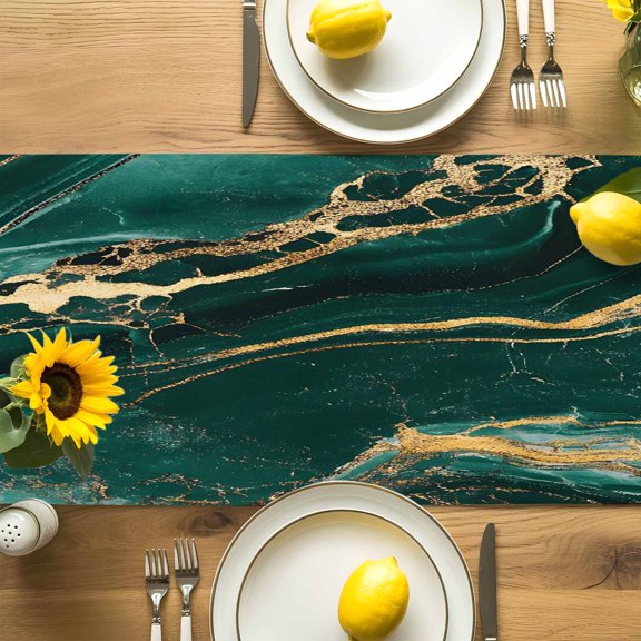 Modern Dark Green Liquid Line Table Runner-72 Inch Long Abstract Simple Gold Table Runners Linen Burlap Tablerunner for Kitchen Dining Room Holiday Party
