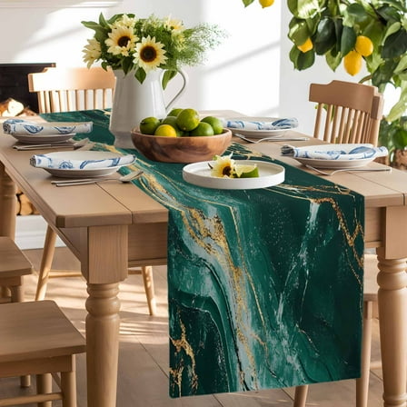 Modern Dark Green Liquid Line Table Runner-90 Inch Long Abstract Simple Gold Table Runners Linen Burlap Tablerunner for Kitchen Dining Room Holiday Party