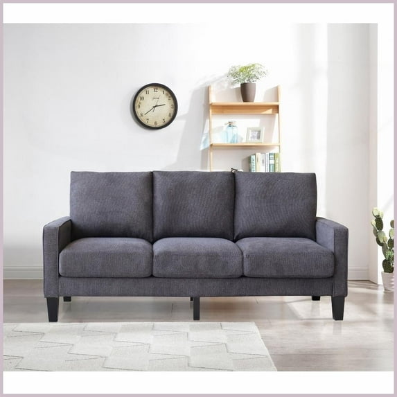 Modern Dark Grey Polyester 3-Seat Living Room Sofa with Removable Covers & Solid Wood Frame