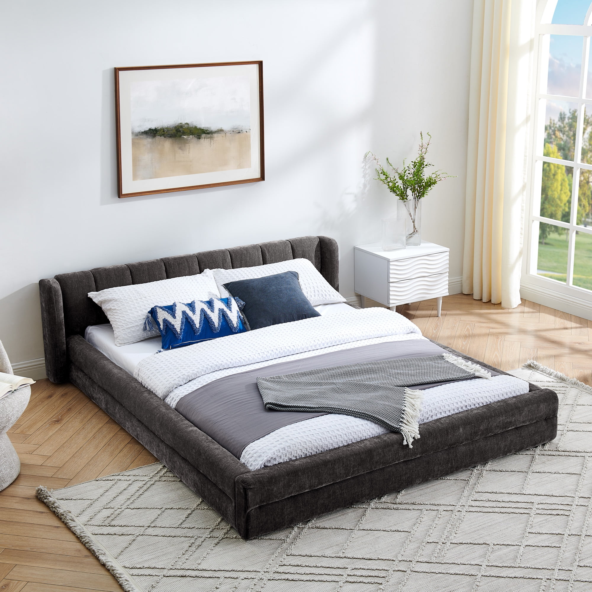 Modern Dark Grey Wood Frame Grounded Queen Size Platform Bed, Queen Chenille Upholstered Platform Bed with Headboard