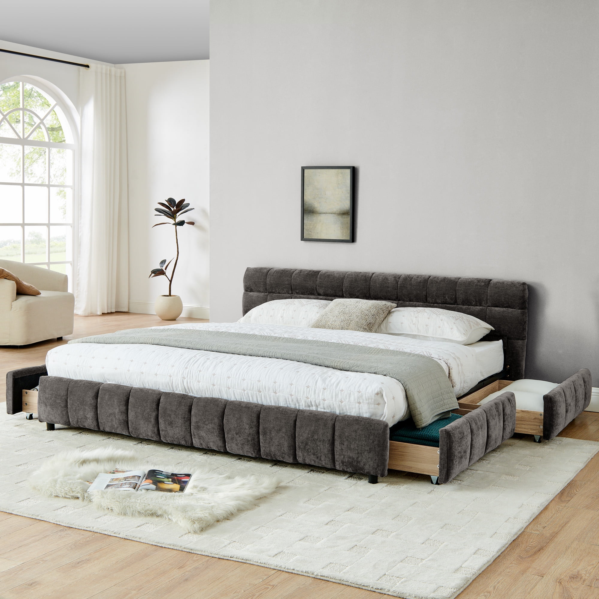 Modern Dark Grey Wood Frame King Chenille Upholstered Platform Bed with Headboard & 4 Drawers