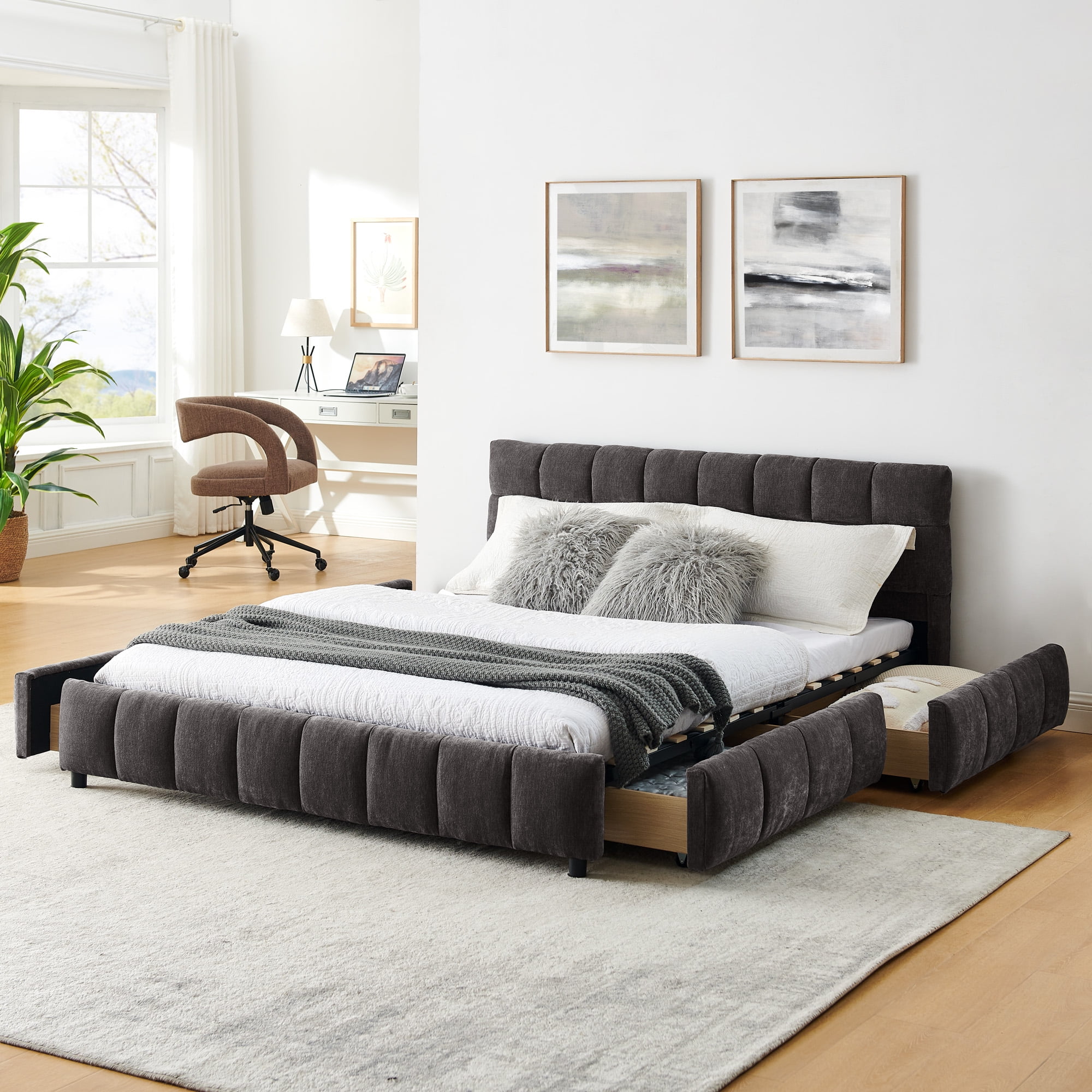 Modern Dark Grey Wood Frame Queen Chenille Upholstered Platform Bed with Headboard & 4 Drawers