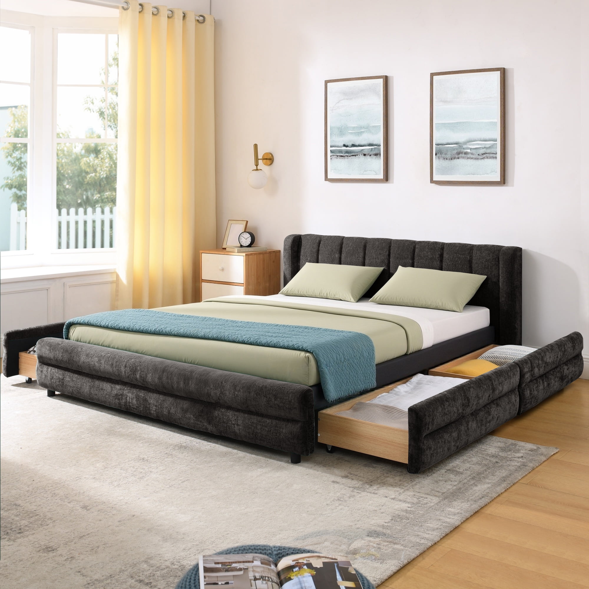 Modern Dark Grey Wood Frame Queen Size Platform Bed, Queen Chenille Upholstered Platform Bed with Headboard & 4 Drawers