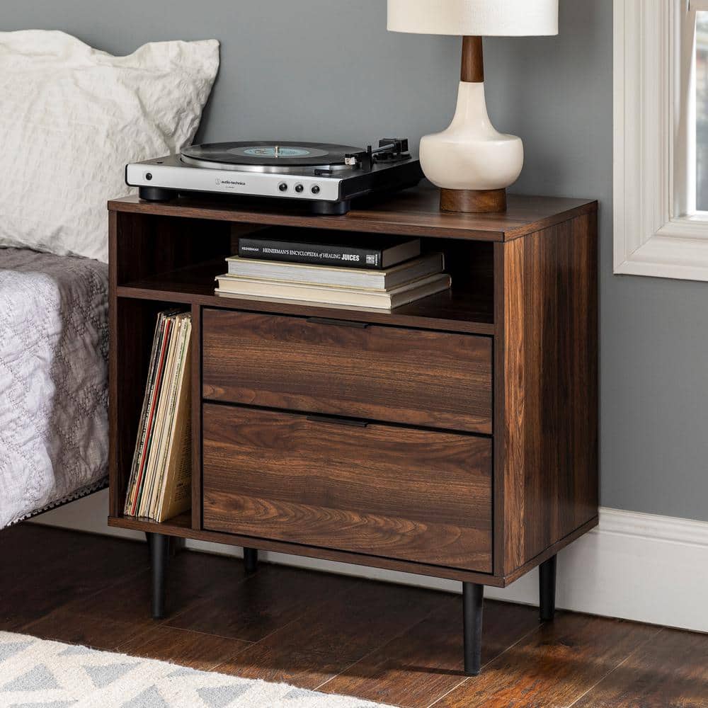 Modern Dark Walnut 2Drawer 25 in. W Nightstand