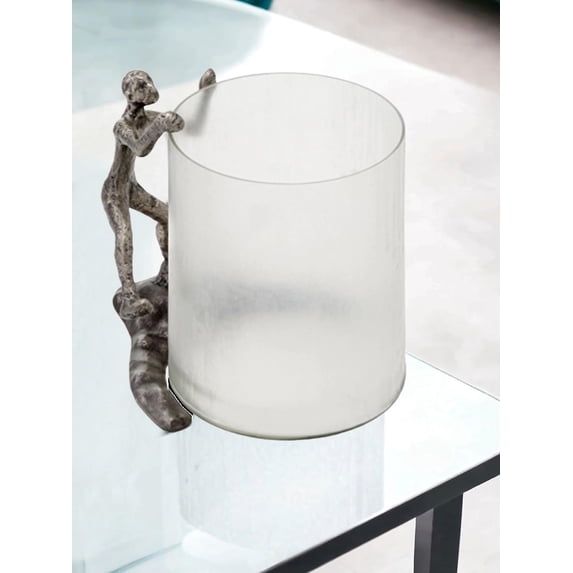 Modern Day Accents 6613 Trepador Chiseled Hurricane, Vase, Bowl, Aluminum, Antique Silver, Transitional, Man, Figurine, Climbing, Glam, Unique, Statement, Sculpture, Round Glass, 10.5” x 9” x 10