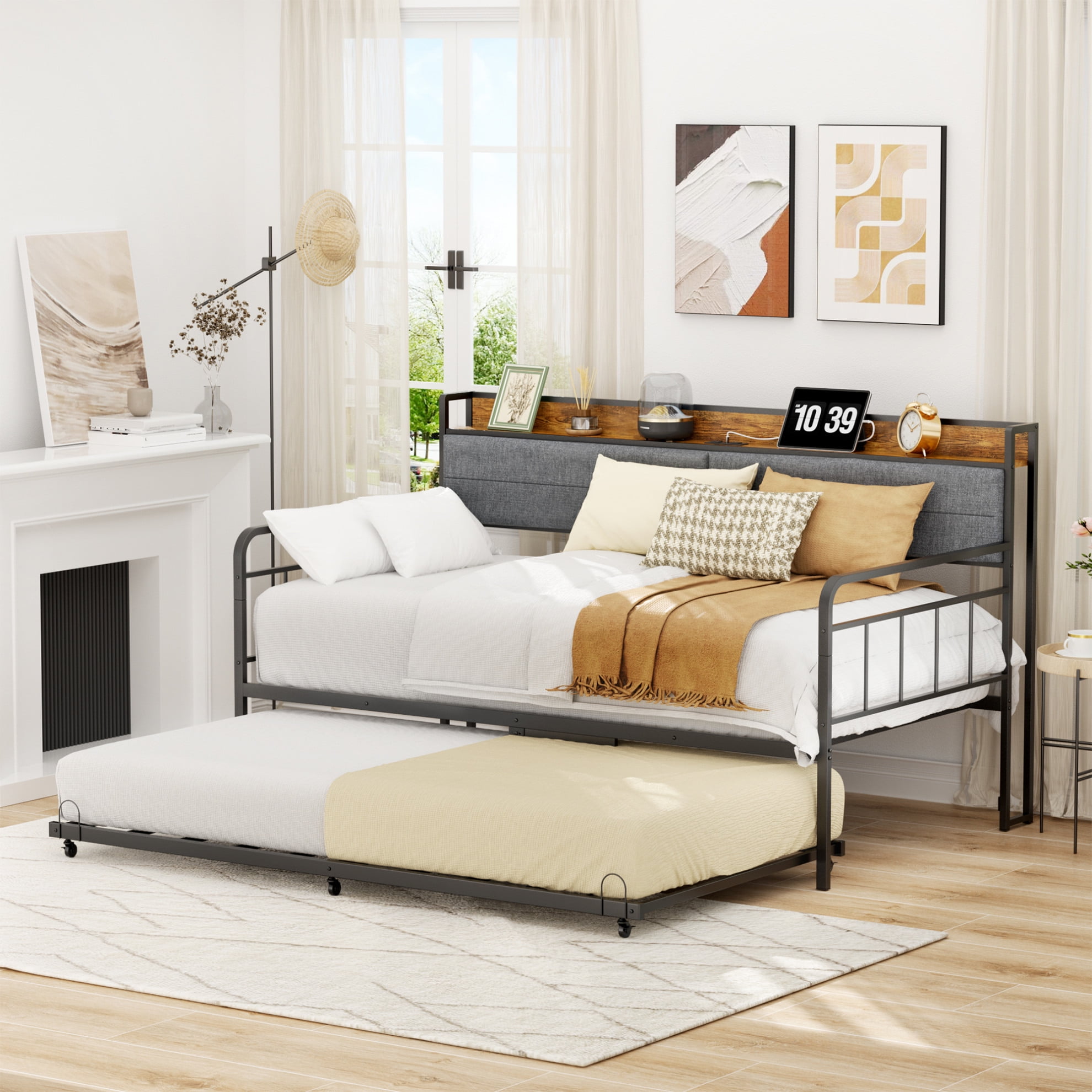 Twin Daybed With Trundle - White Metal Frame, Heart Shaped Headboard, Space Saving