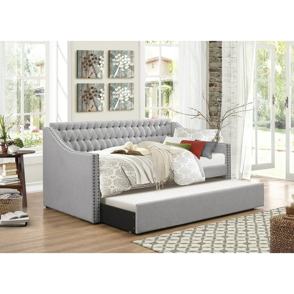 Modern Daybed With Trundle Unit - Gray Fabric Upholstery, Button- Detail, Nailhead Trim, Wood Twin Bed Covered, Button Back, Trimmed