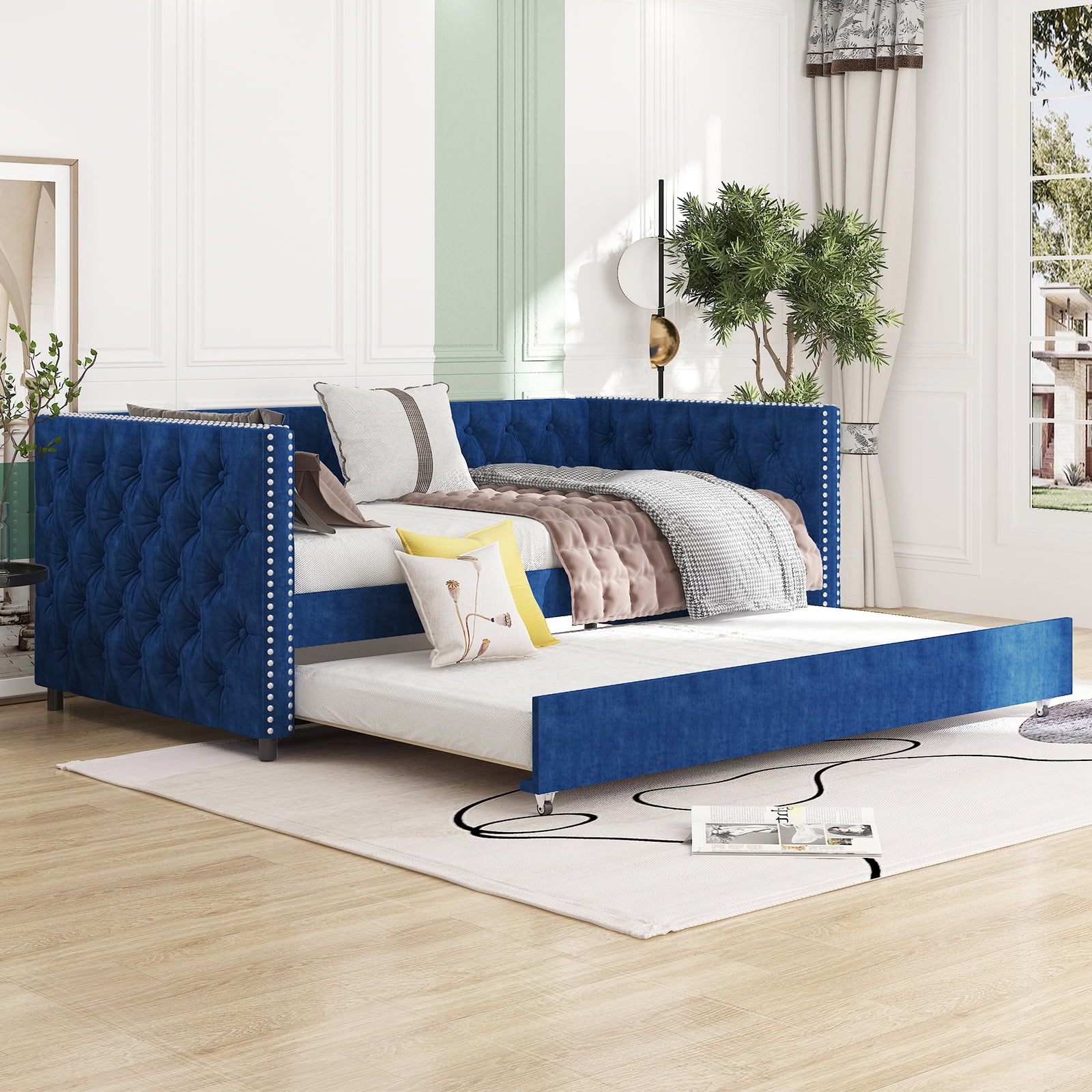 Modern Daybed with Trundle, Pull Out Sofa Bed for Bedroom & Living Room, Queen Size, Blue