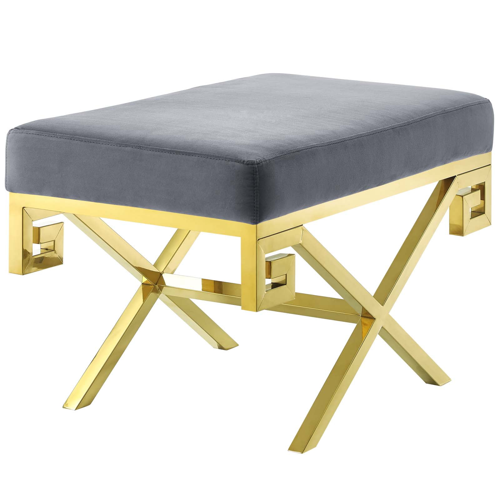 Gray Velvet Upholstered Bench with Gold Stainless Steel Base