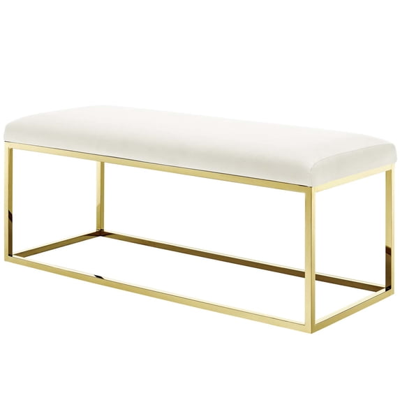 Modern Deco Contemporary Urban Design Living Room Lounge Club Lobby Accent Chair Bench, Velvet Fabric Metal Steel, Gold Ivory