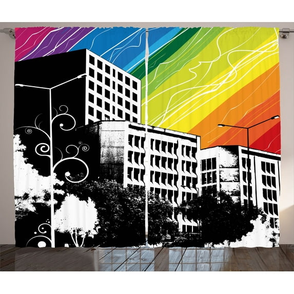 Ambesonne Colorful Curtains 2 Panel Set, Black White Cityscape, 108" x 84", Multicolor