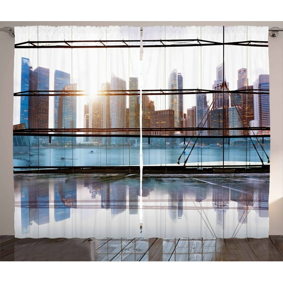 Ambesonne City Curtains 2 Panel Set, Futuristic Metropolitan, 108" x 84", Sky Blue Black and White