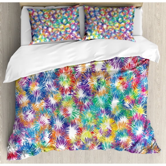 Modern Decor Queen Size Duvet Cover Set, Rainbow Colorful Geometric Abstract Image Fireworks Like White Backdrop Print, Decorative 3 Piece Bedding Set with 2 Pillow Shams, Multicolor, by Ambesonne