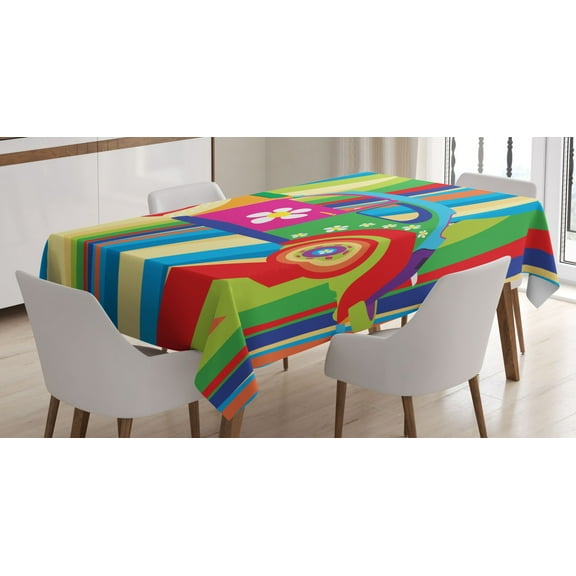 Modern Decor Tablecloth, Retro Vector Hippie Style Classic Car with Daisy and Bold Stripes Artwork, Rectangular Table Cover for Dining Room Kitchen, 60 X 84 Inches, Multicolor, by Ambesonne