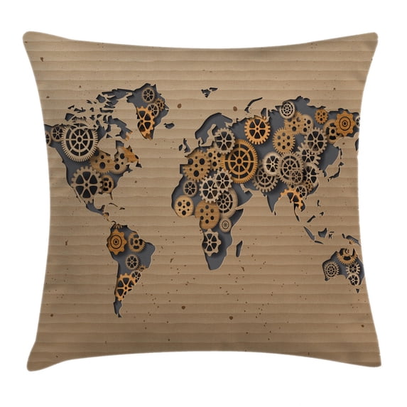 Modern Decor Throw Pillow Cushion Cover, Ancient Old Hipster Contemporary Image of World Map with Clock Wheel Print, Decorative Square Accent Pillow Case, 18 X 18 Inches, Grey and Brown, by Ambesonne